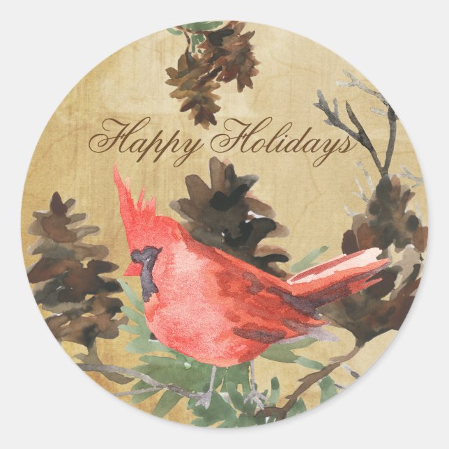 Red Cardinal Pine Cones Christmas Holiday Stickers (Front)