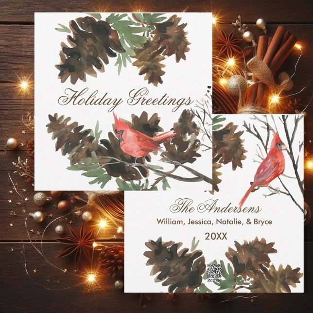 Red Cardinal Pine Cones Holiday Card (Creator Uploaded)