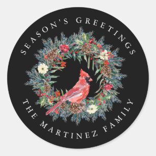 Red Cardinal Pine Wreath Season's Greetings Classic Round Sticker