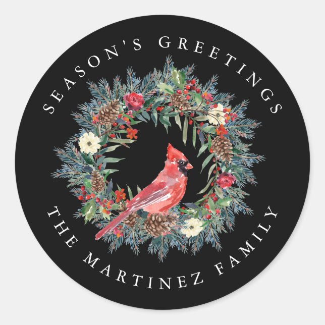 Red Cardinal Pine Wreath Season's Greetings Classic Round Sticker (Front)