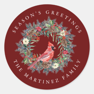Red Cardinal Pine Wreath Season's Greetings Classic Round Sticker