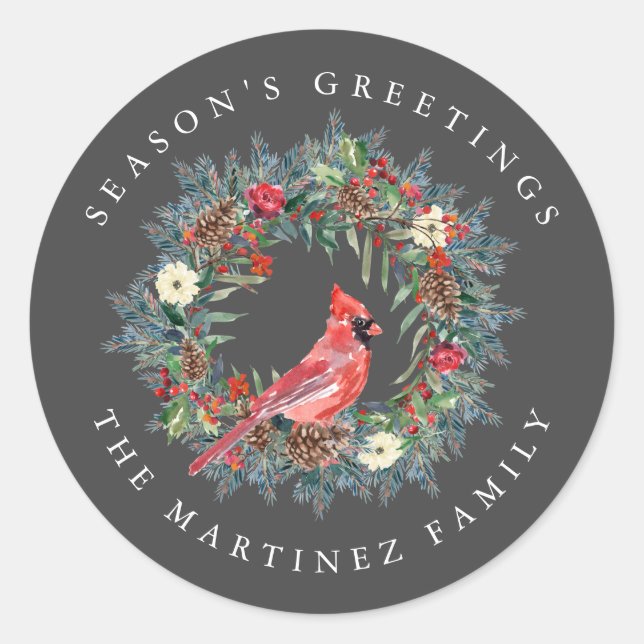 Red Cardinal Pine Wreath Season's Greetings Classic Round Sticker (Front)