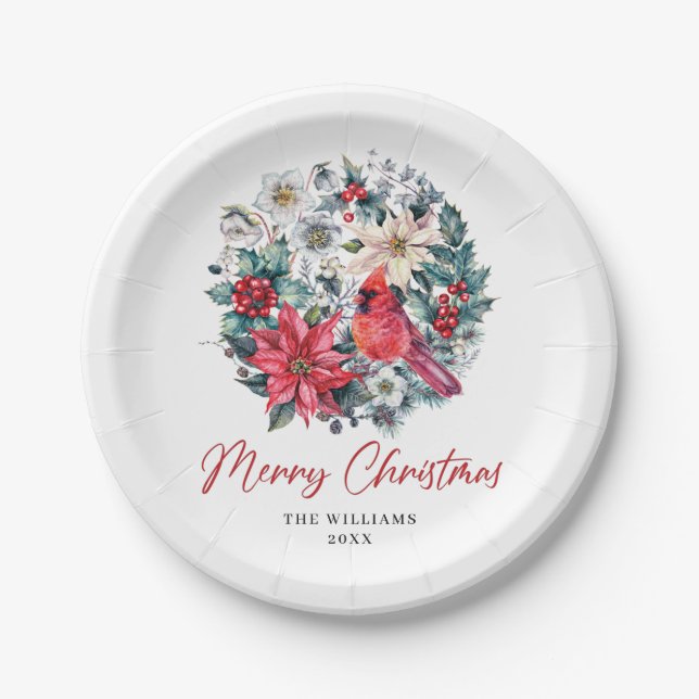 Red Cardinal Poinsettia Holly Berry Pine Holiday Paper Plate (Front)