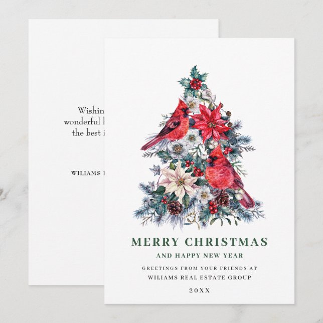 Red Cardinal Poinsettia Holly Berry Tree Corporate Holiday Card (Front/Back)