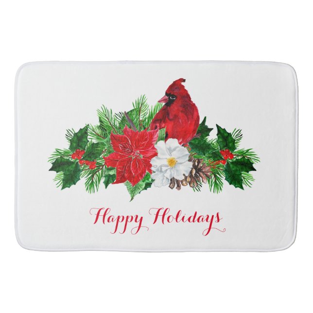Red Cardinal Poinsettia Holly Pine Bath Mat (Front)