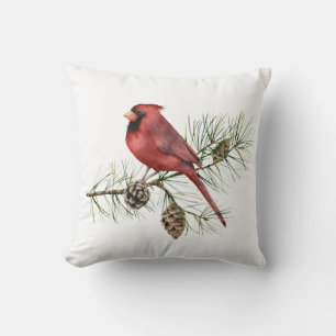 Red Cardinal Poinsettia Holly Pine Cones Cushion