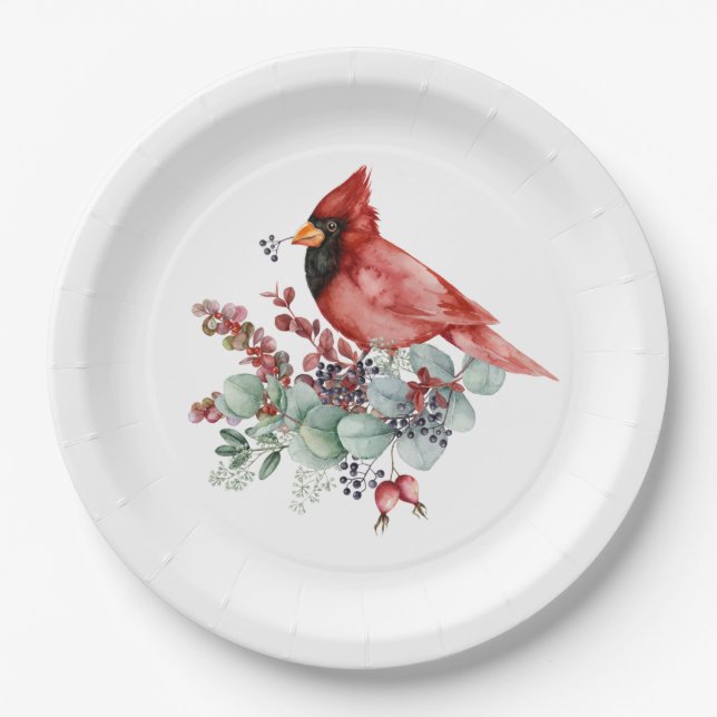 Red Cardinal, Red Berries, Eucalyptus Christmas Paper Plate (Front)
