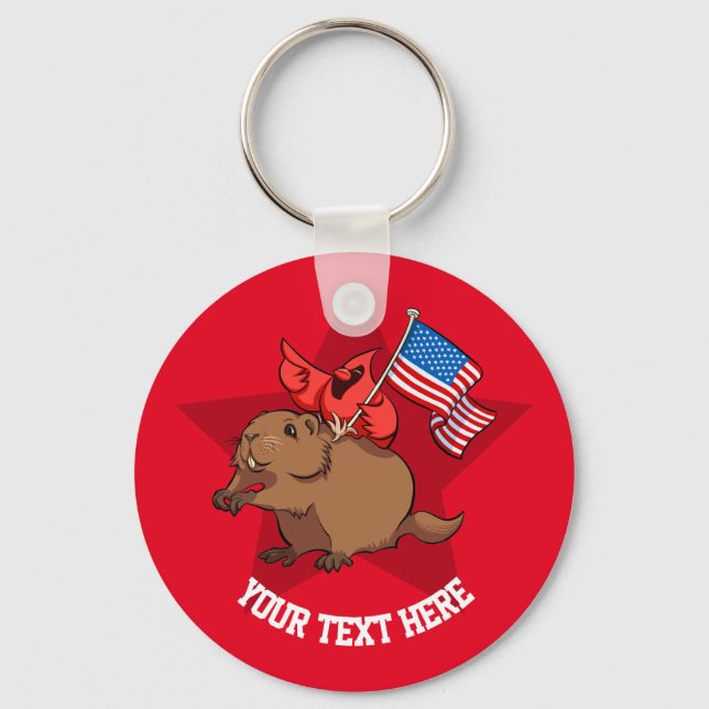 Red Cardinal Riding a Groundhog with American Flag Key Ring (Front)