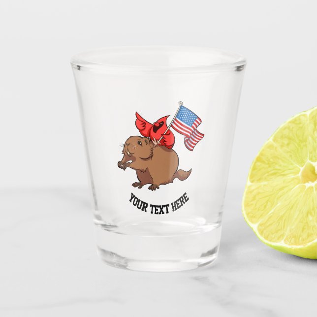 Red Cardinal Riding a Groundhog with American Flag Shot Glass (Front)