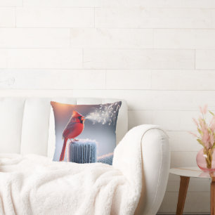 Red Cardinal Singing On Winter Fence Post Cushion