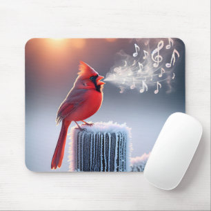 Red Cardinal Singing On Winter Fence Post Mouse Mat