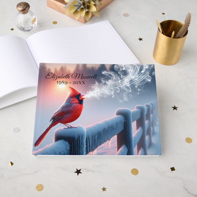 Red Cardinal Singing With Musical Notes Memorial Guest Book (Front Open)