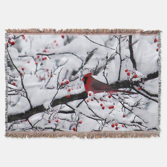 Red Cardinal Snow Tree Photo Throw Blanket (Front)
