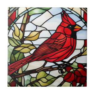 Red Cardinal Stained Glass Woodland Bird Tile