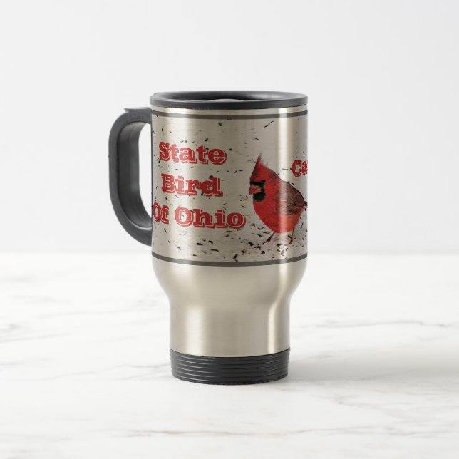 "RED CARDINAL, STATE BIRD OF OHIO" TRAVEL MUG (Front Left)