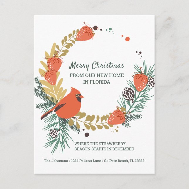 Red Cardinal Strawberry Christmas Wreath Moving Announcement Postcard (Front)