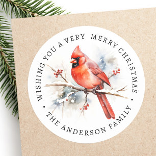 Red cardinal watercolor family name classic round sticker
