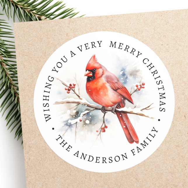 Red cardinal watercolor family name classic round sticker (Red cardinal watercolor family name classic round sticker)