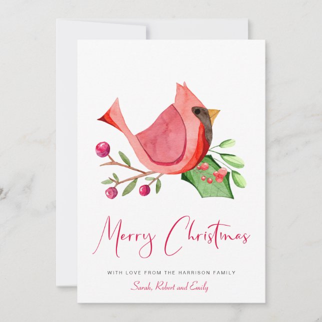 Red Cardinal Watercolor Minimal Merry Christmas Holiday Card (Front)