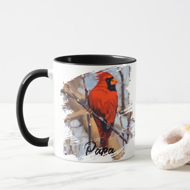 Red Cardinal Winter Art – Peaceful Snowy Scene Mug (With Donut)