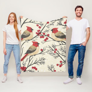 Red Cardinal Winter Berry Christmas Pattern Fleece Blanket