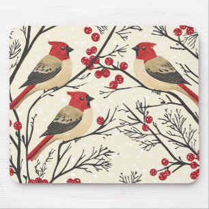 Red Cardinal Winter Berry Christmas Pattern Mouse Mat