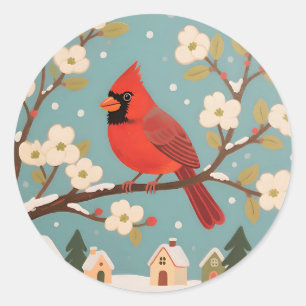 Red Cardinal Winter Branch Classic Round Sticker