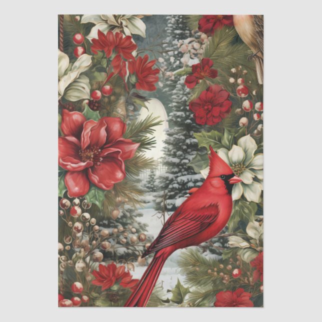 Red Cardinal & Winter Florals Decoupage  Tissue Paper (Front)