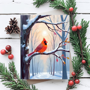Red Cardinal   Winter Forest Christmas Watercolor  Holiday Postcard