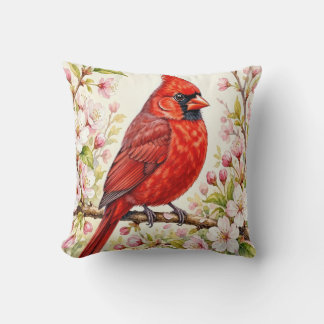 Red cardinal with blossoms cushion