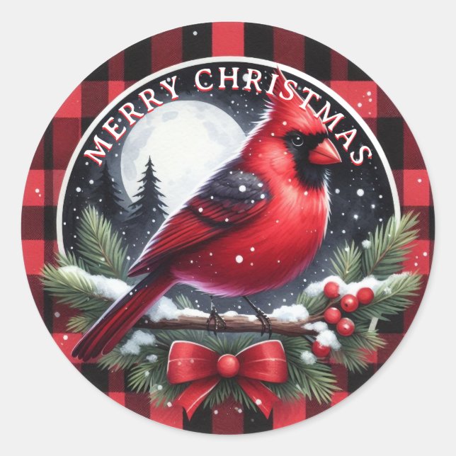 Red Cardinal with Holly Berries Classic Round Sticker (Front)