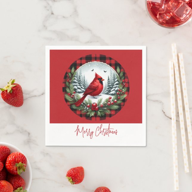Red Cardinal with Holly Berries Napkin (Insitu)