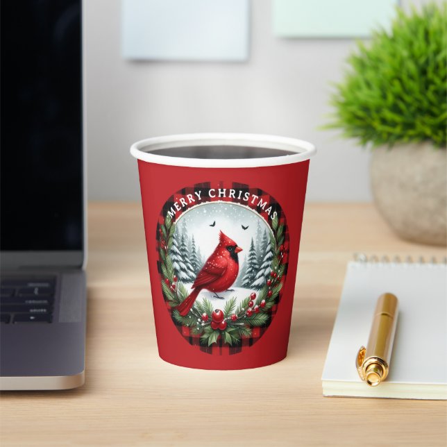 Red Cardinal with Holly Berries Paper Cups (Insitu)
