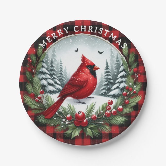 Red Cardinal with Holly Berries Paper Plate (Front)
