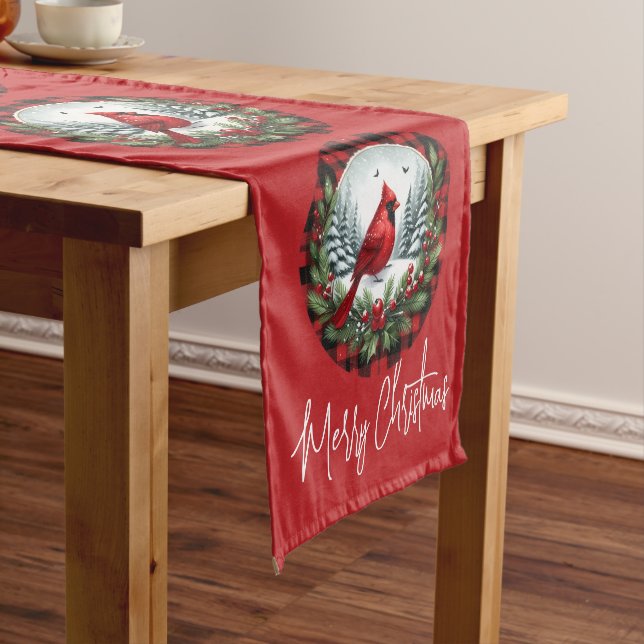 Red Cardinal with Holly Berries Short Table Runner (In Situ)