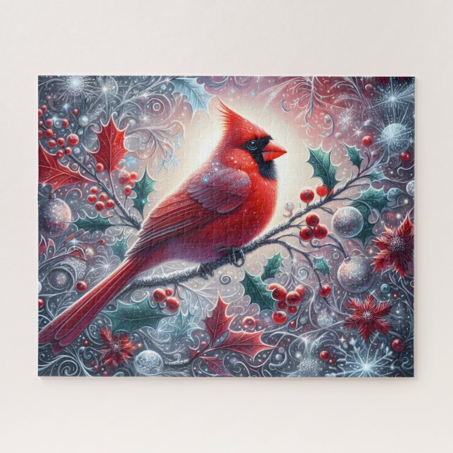 Red Cardinal With Holly Berry Jigsaw Puzzle (Horizontal)