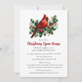 Red Cardinal with Holly Christmas Open House Invitation