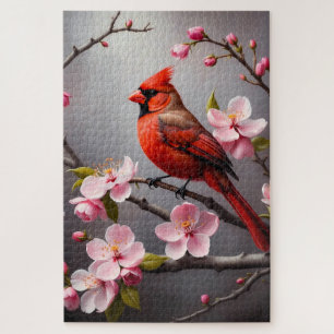 Red Cardinal with Pink Blossoms Bird Jigsaw Puzzle
