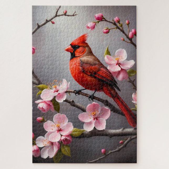 Red Cardinal with Pink Blossoms Bird  Jigsaw Puzzle (Vertical)