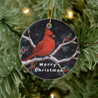 Red Cardinal with Winter Red Berries Ceramic Tree Decoration