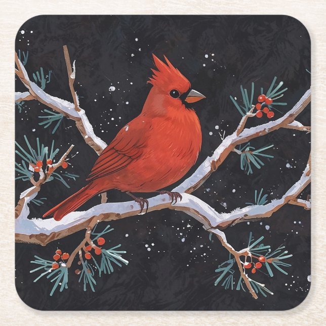 Red Cardinal with Winter Red Berries Square Paper Coaster (Front)