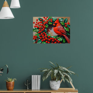 Red Cardinal with Wreath Poster