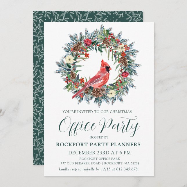 Red Cardinal Wreath Christmas Office Party Invitation (Front/Back)