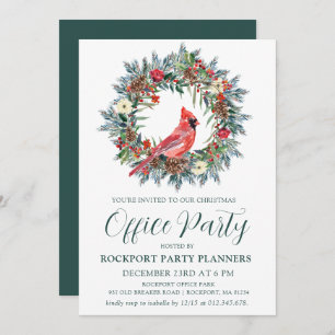 Red Cardinal Wreath Christmas Office Party Invitation