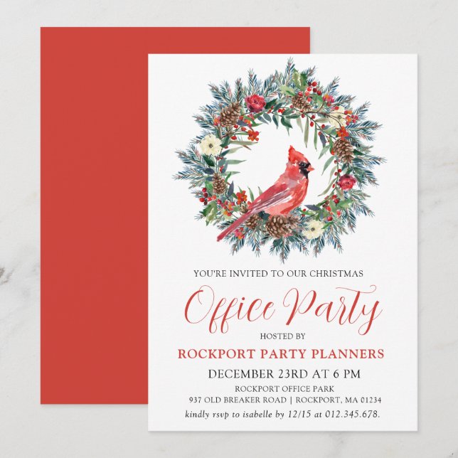 Red Cardinal Wreath Christmas Office Party Invitation (Front/Back)