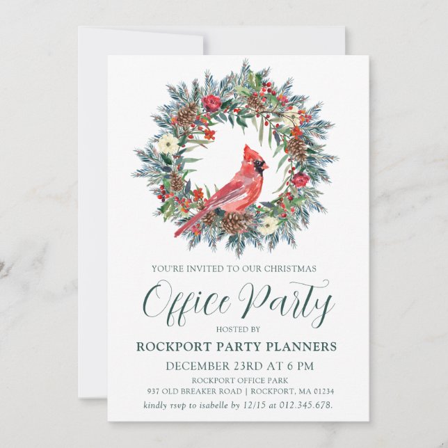 Red Cardinal Wreath Christmas Office Party Invitation (Front)