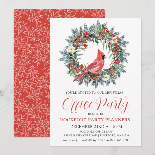 Red Cardinal Wreath Christmas Office Party Invitation (Front/Back)