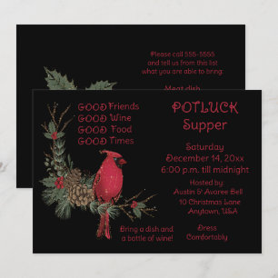 Red Cardinal Wreath Christmas Pot Luck Supper  Invitation