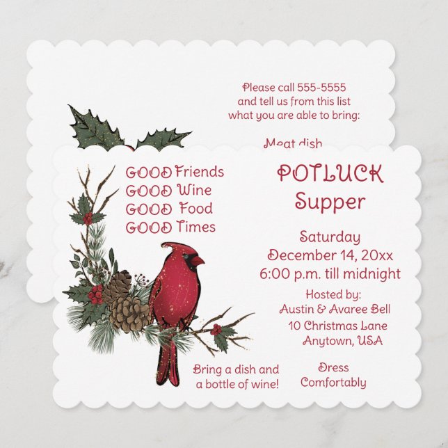 Red Cardinal Wreath Christmas Pot Luck Supper  Invitation (Front/Back)