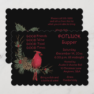 Red Cardinal Wreath Christmas Pot Luck Supper  Invitation
